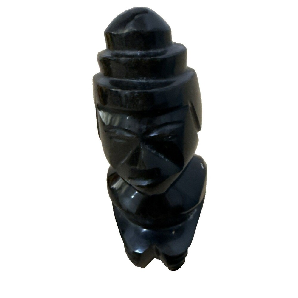 Vintage Obsidian Black Stone Carving Aztec Mayan Tribal Sculpture Figures 4”